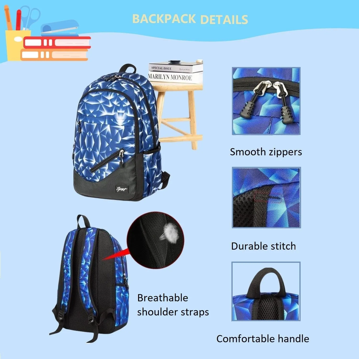 Soccer-Print Boys Backpack for School Kids Bookbag for Elementary School Football School Bag for Teens