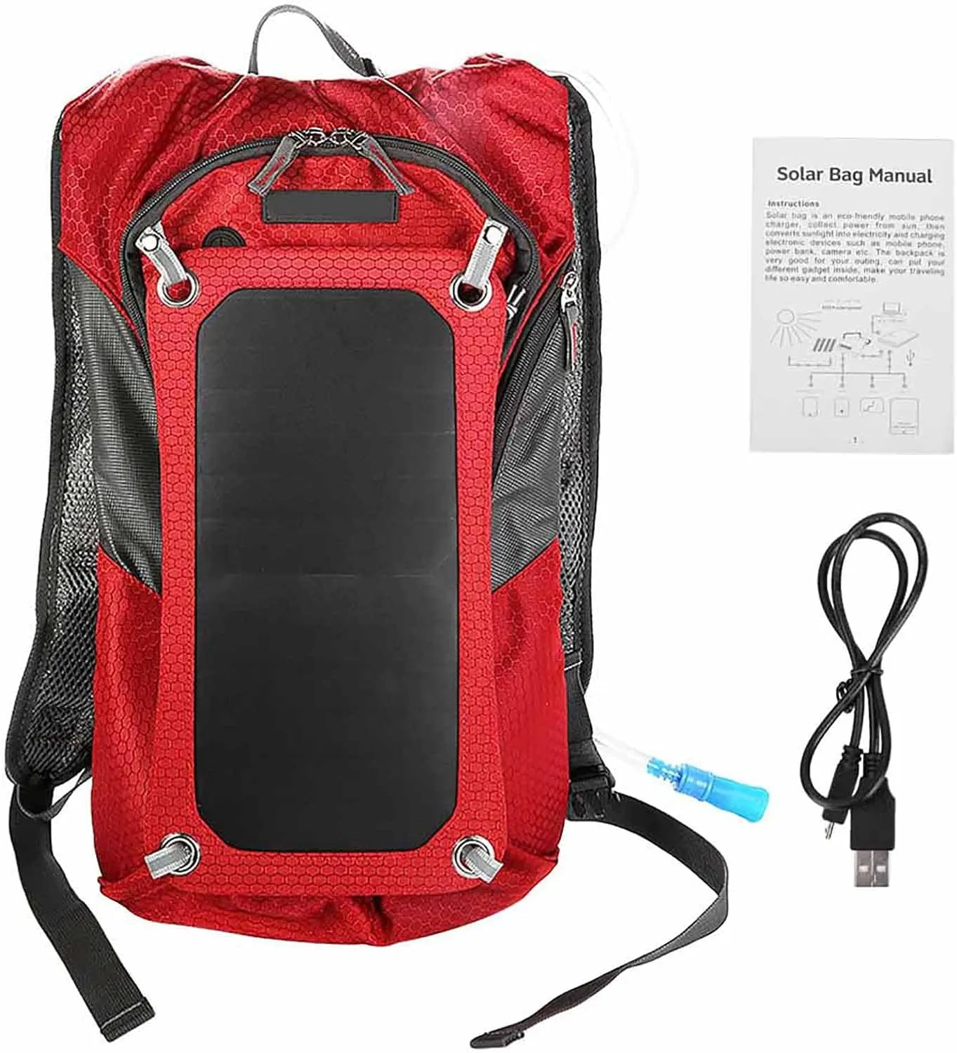 Solar Panel USB Output, Nylon Backpack Ventilated, 10L Capacity, for Business Travel, Hiking, Camping