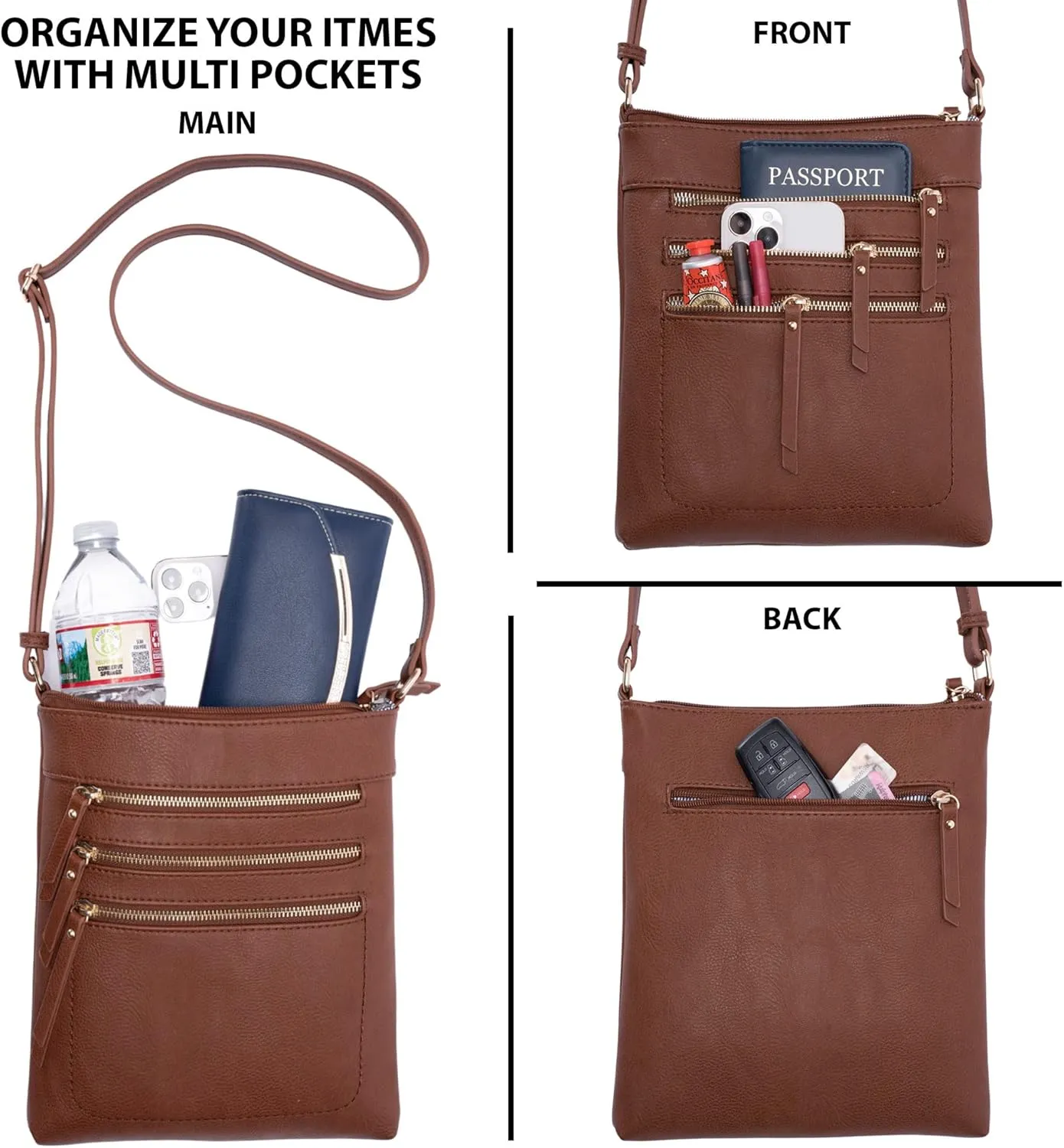 Solene Crossbody Bag Functional Multi Pocket Messenger Purse Top Zip Closure Shoulder Handbag With Adjustable Strap