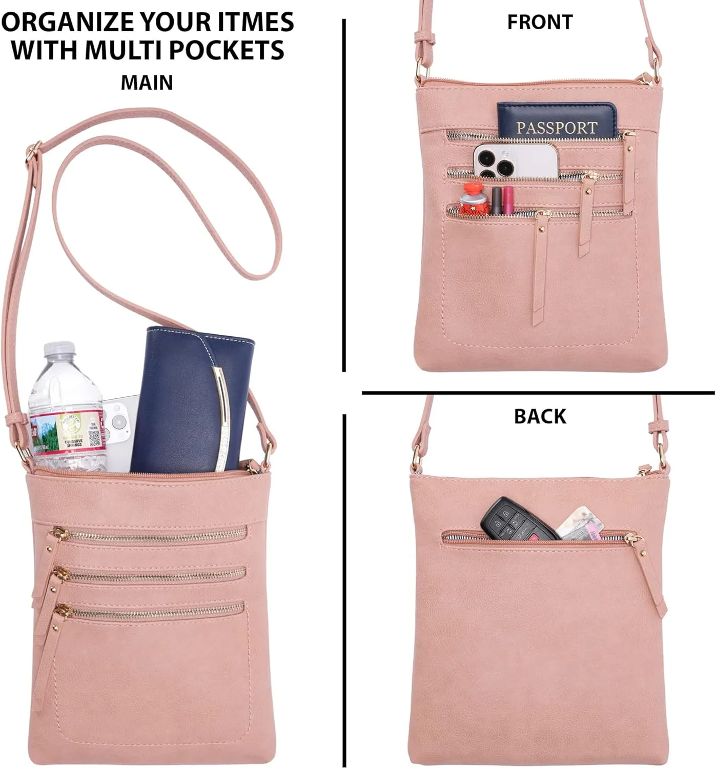 Solene Crossbody Bag Functional Multi Pocket Messenger Purse Top Zip Closure Shoulder Handbag With Adjustable Strap