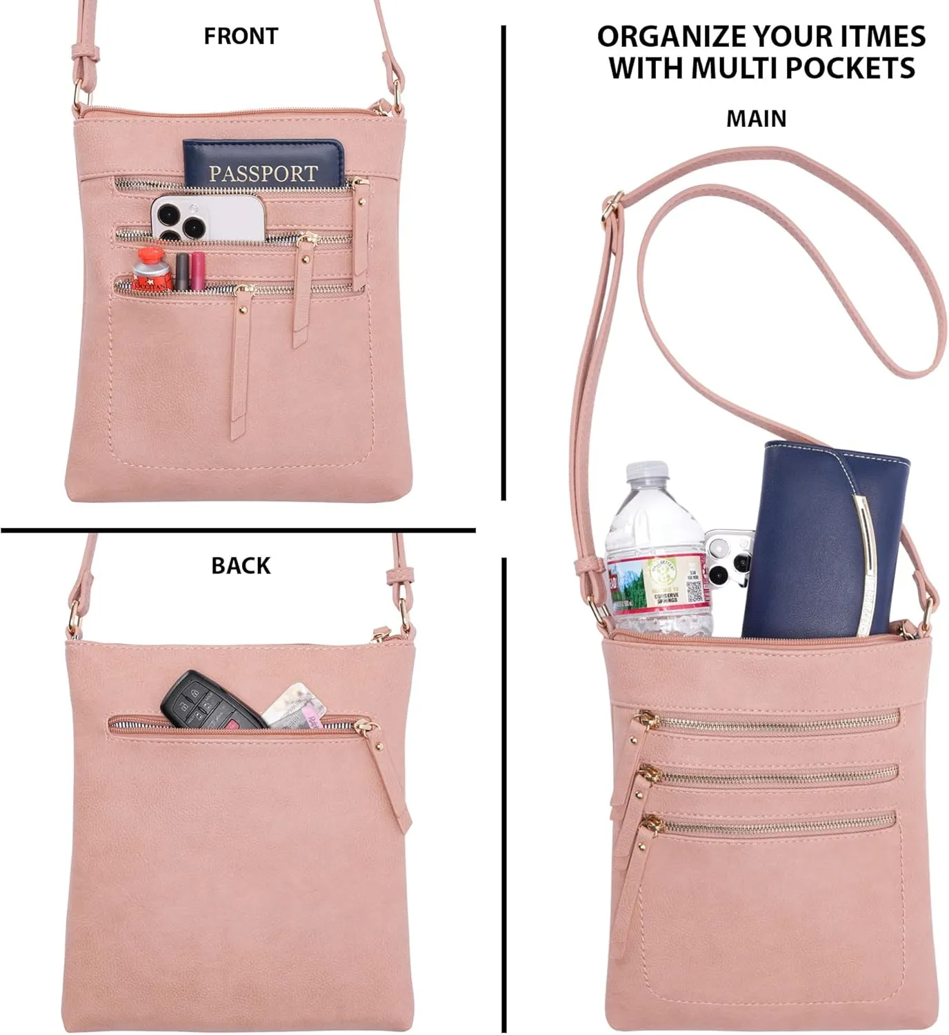 Solene Crossbody Bag Functional Multi Pocket Messenger Purse Top Zip Closure Shoulder Handbag With Adjustable Strap