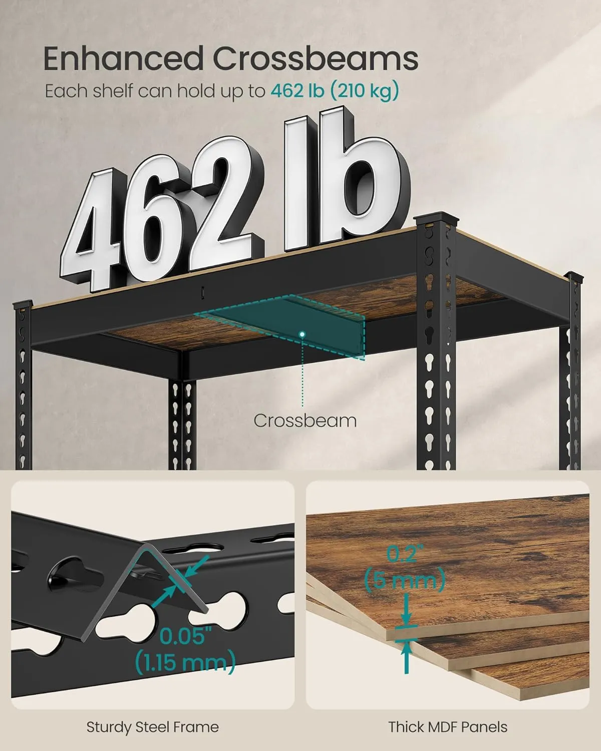 SONGMICS 5-Tier Storage Shelves, Load 2310 lb, Garage Storage, Boltless Assembly, Adjustable Shelving Unit, 11.8 x 29.5 x 59.1 Inches, for Study Shed Basement, Black and Rustic Brown UGLR300B11