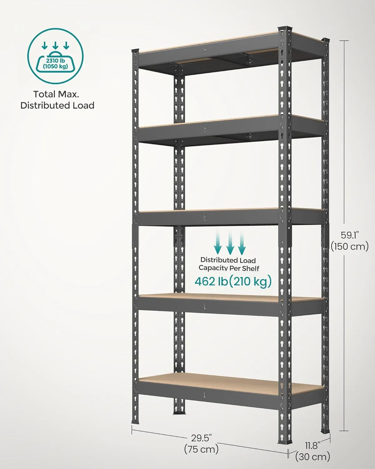 SONGMICS 5-Tier Storage Shelves, Load 2310 lb, Garage Storage, Boltless Assembly, Adjustable Shelving Unit, 11.8 x 29.5 x 59.1 Inches, for Study Shed Basement, Gray and Natural Beige UGLR300G01