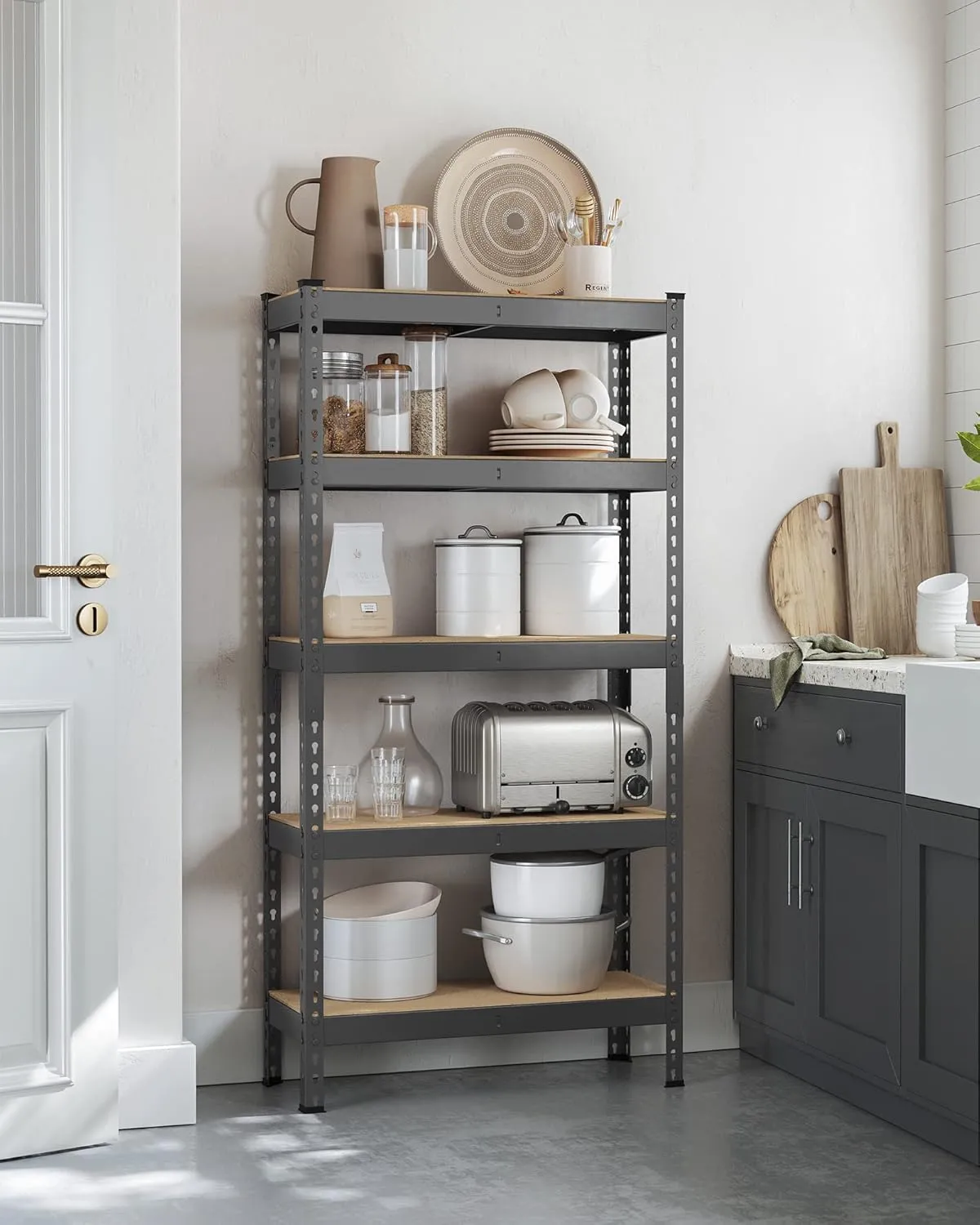 SONGMICS 5-Tier Storage Shelves, Load 2310 lb, Garage Storage, Boltless Assembly, Adjustable Shelving Unit, 11.8 x 29.5 x 59.1 Inches, for Study Shed Basement, Gray and Natural Beige UGLR300G01