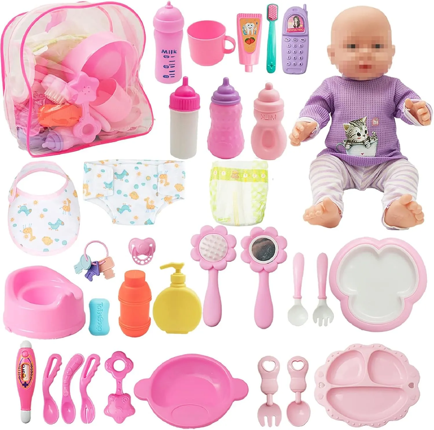 SOTOGO 34 Pieces Baby Doll Care Set Dolls Feeding and Changing Accessories Set Baby Dolls Accessories in Bag, Without Doll