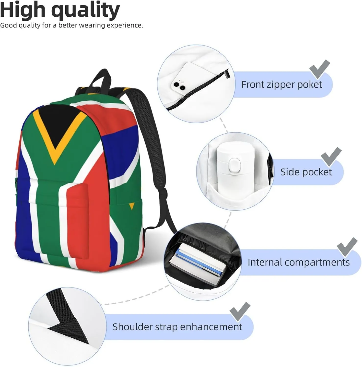 South African flag print Laptop Backpack for Women Men,Bookbag Casual Daypackfor College Work for Travel Computer