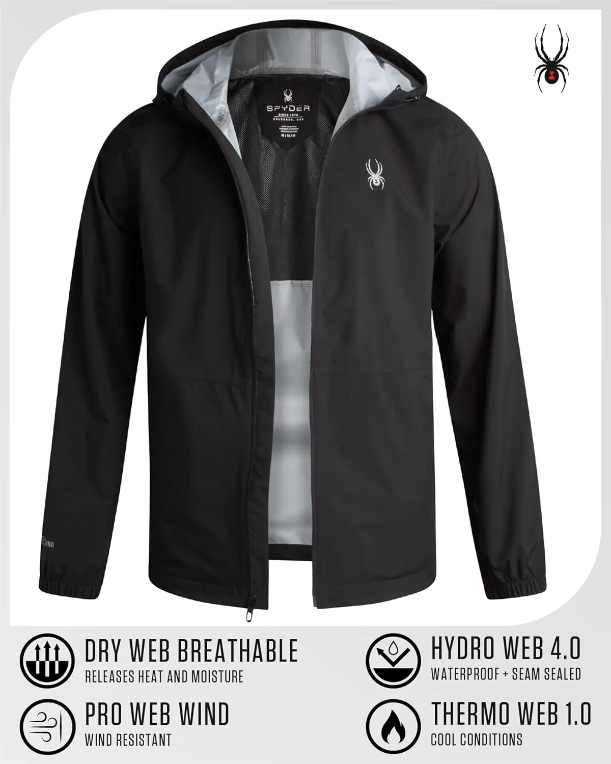 Spyder Mens Rain Jacket - Waterproof Lightweight Hooded Windbreaker, Outerwear Jacket for Golf, Hiking and Outdoor (S-XL)