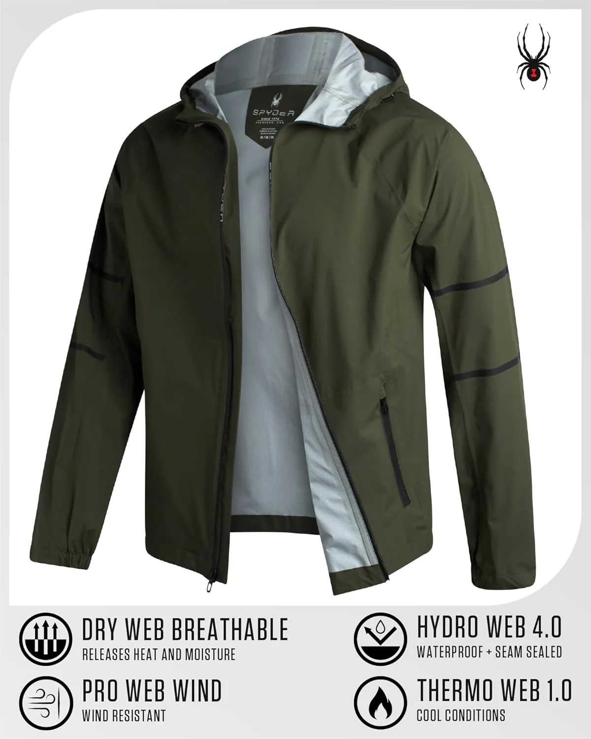 Spyder Mens Rain Jacket - Waterproof Lightweight Hooded Windbreaker, Outerwear Jacket for Golf, Hiking and Outdoor (S-XL)