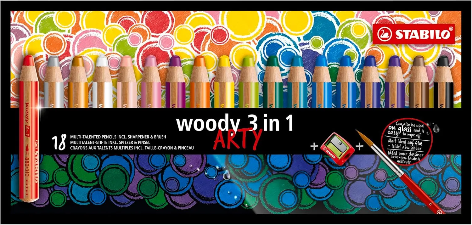 STABILO Multi-Talented Pencil woody 3 in 1 ARTY - Pack of 18 - Assorted Colors with Sharpener and Paint Brush