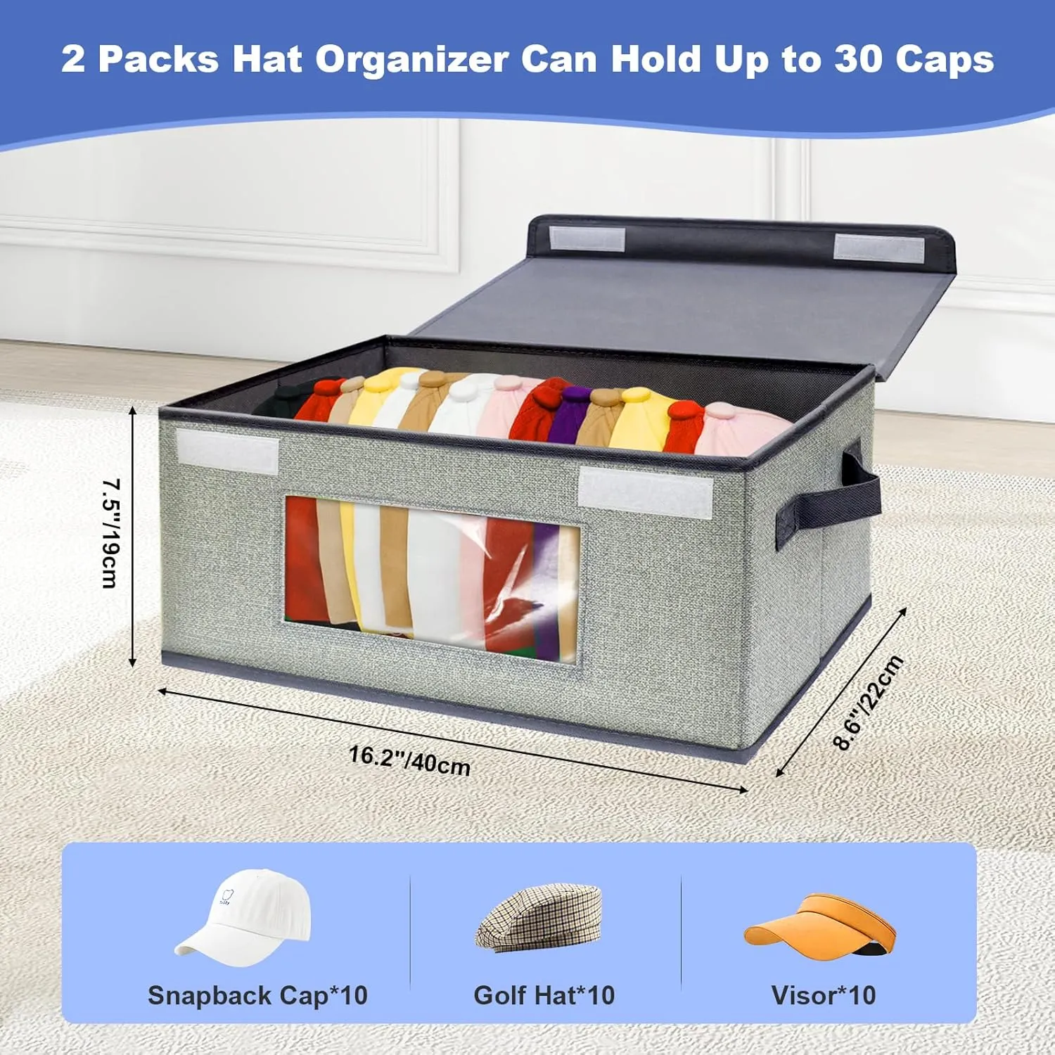 Stackable Hat Organizer for Baseball Caps, 2 PCS Hat storage Box Container Holder with Hard Lid and Clear Window for Closet Hold 30 Caps, Grey