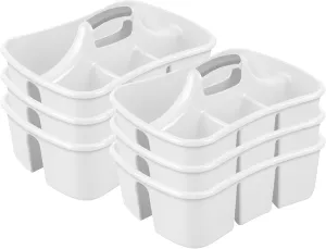 Sterilite Divided Ultra Caddy, Plastic, Portable Storage to Hold Bathroom and Cleaning Supplies, 5 Large Compartments and Handle, White, 6-Pack