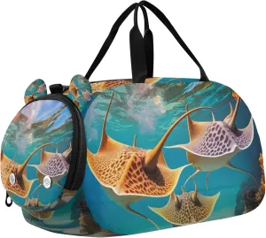Stingray Fishes Ocean Sea Sports Duffle Bag for Teens Girls Boys, Gym Bag with Shoe Compartment, Kids Travel Overnight Weekender Shoulder Bag