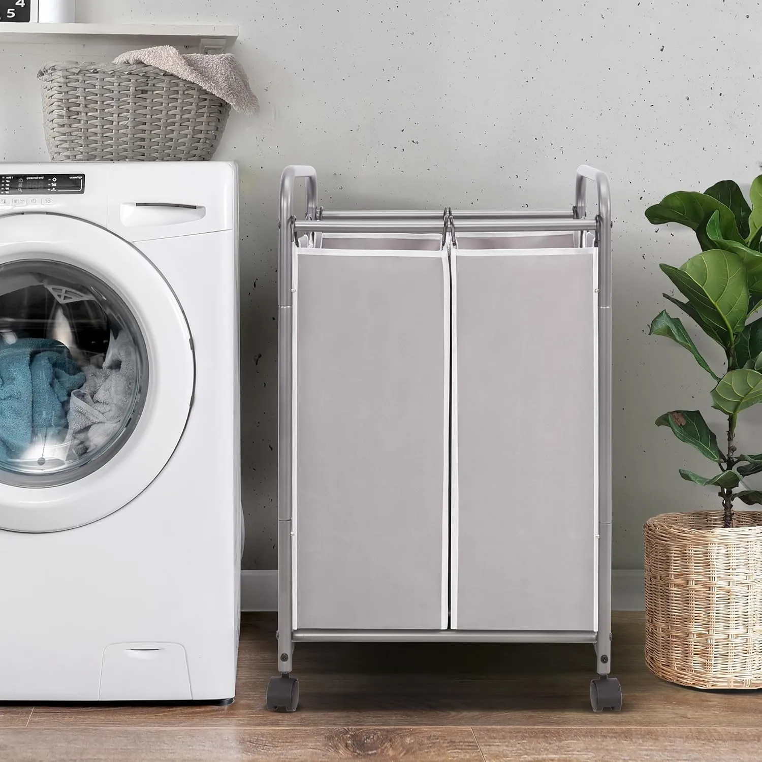 STORAGE MANIAC Laundry Sorter with 2 Sections and 90L Capacity, Wheeled Laundry Hamper and Organizer, Grey