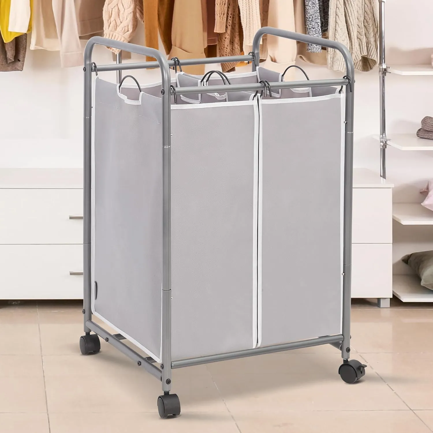 STORAGE MANIAC Laundry Sorter with 2 Sections and 90L Capacity, Wheeled Laundry Hamper and Organizer, Grey
