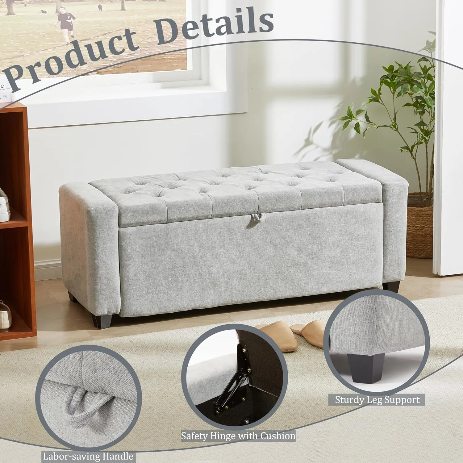 Storage Ottoman Bench for Bedroom End of Bed, Upholstered Tufted Bench Foot Rest for Living Room,Rectangular Entryway Shoe Bench with Storage for Hallway,Linen Light Gray