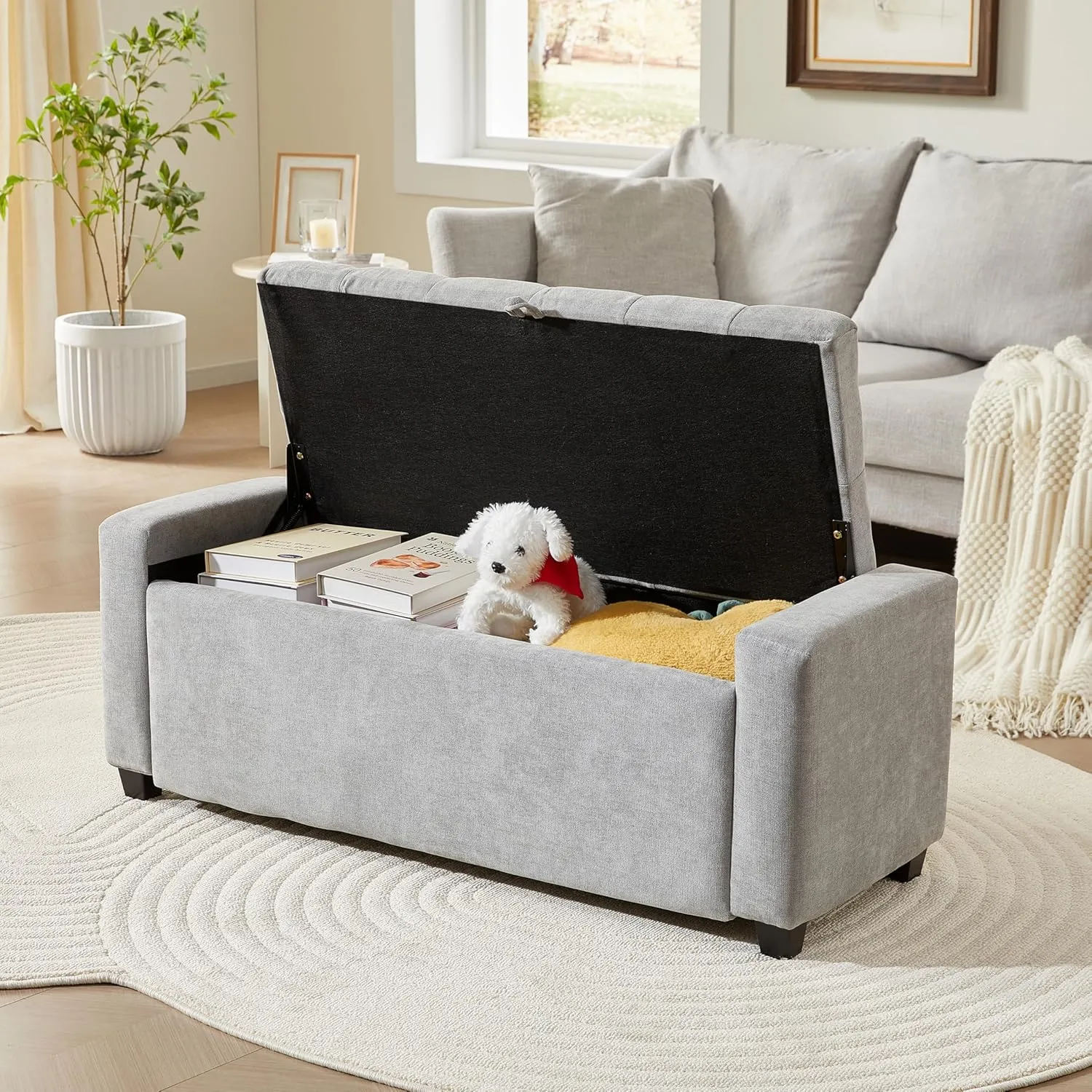 Storage Ottoman Bench for Bedroom End of Bed, Upholstered Tufted Bench Foot Rest for Living Room,Rectangular Entryway Shoe Bench with Storage for Hallway,Linen Light Gray