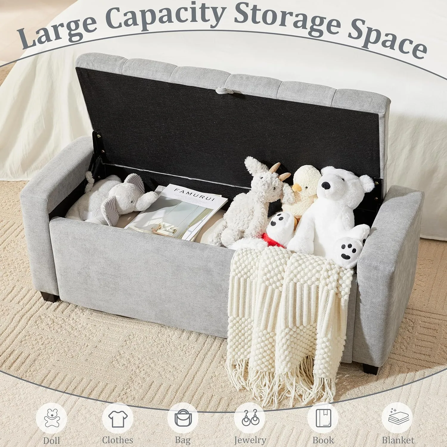 Storage Ottoman Bench for Bedroom End of Bed, Upholstered Tufted Bench Foot Rest for Living Room,Rectangular Entryway Shoe Bench with Storage for Hallway,Linen Light Gray