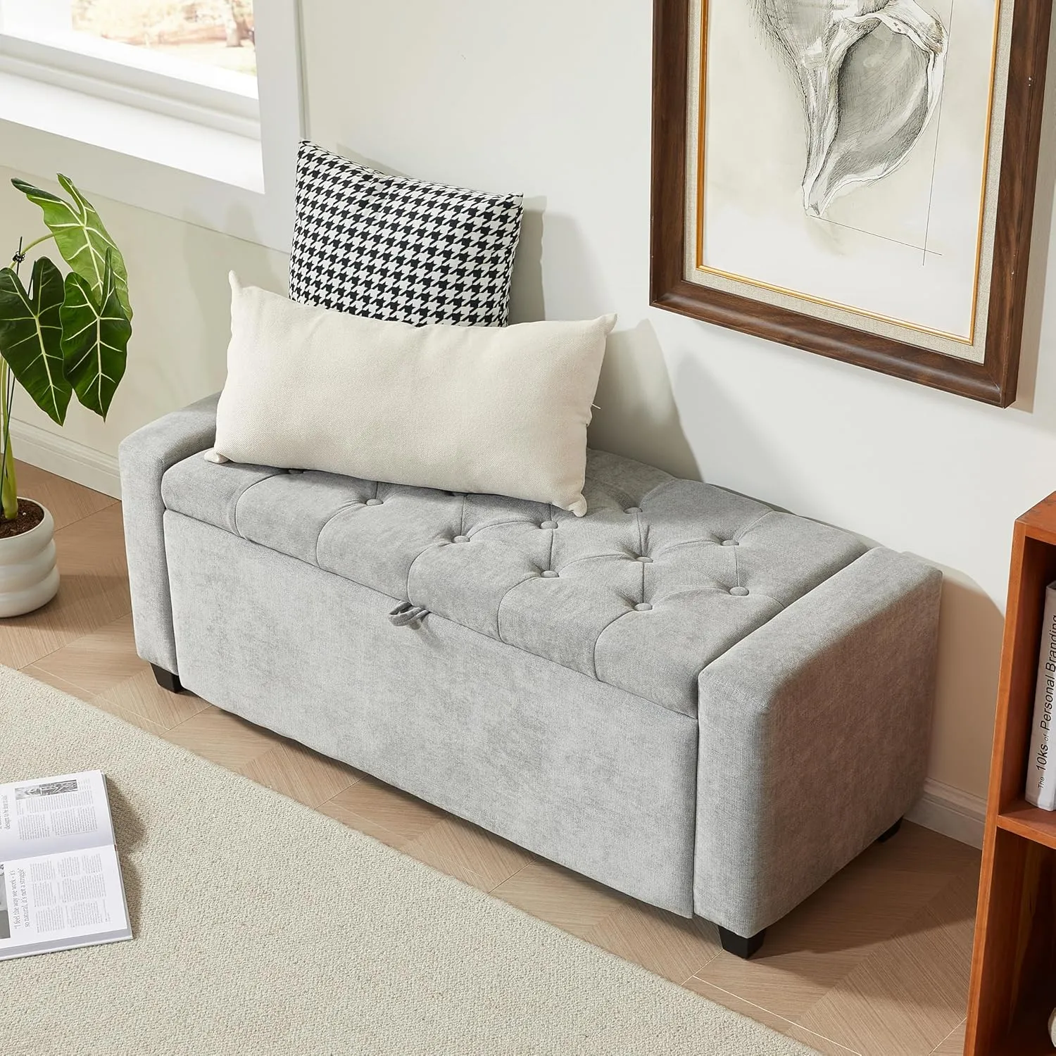 Storage Ottoman Bench for Bedroom End of Bed, Upholstered Tufted Bench Foot Rest for Living Room,Rectangular Entryway Shoe Bench with Storage for Hallway,Linen Light Gray