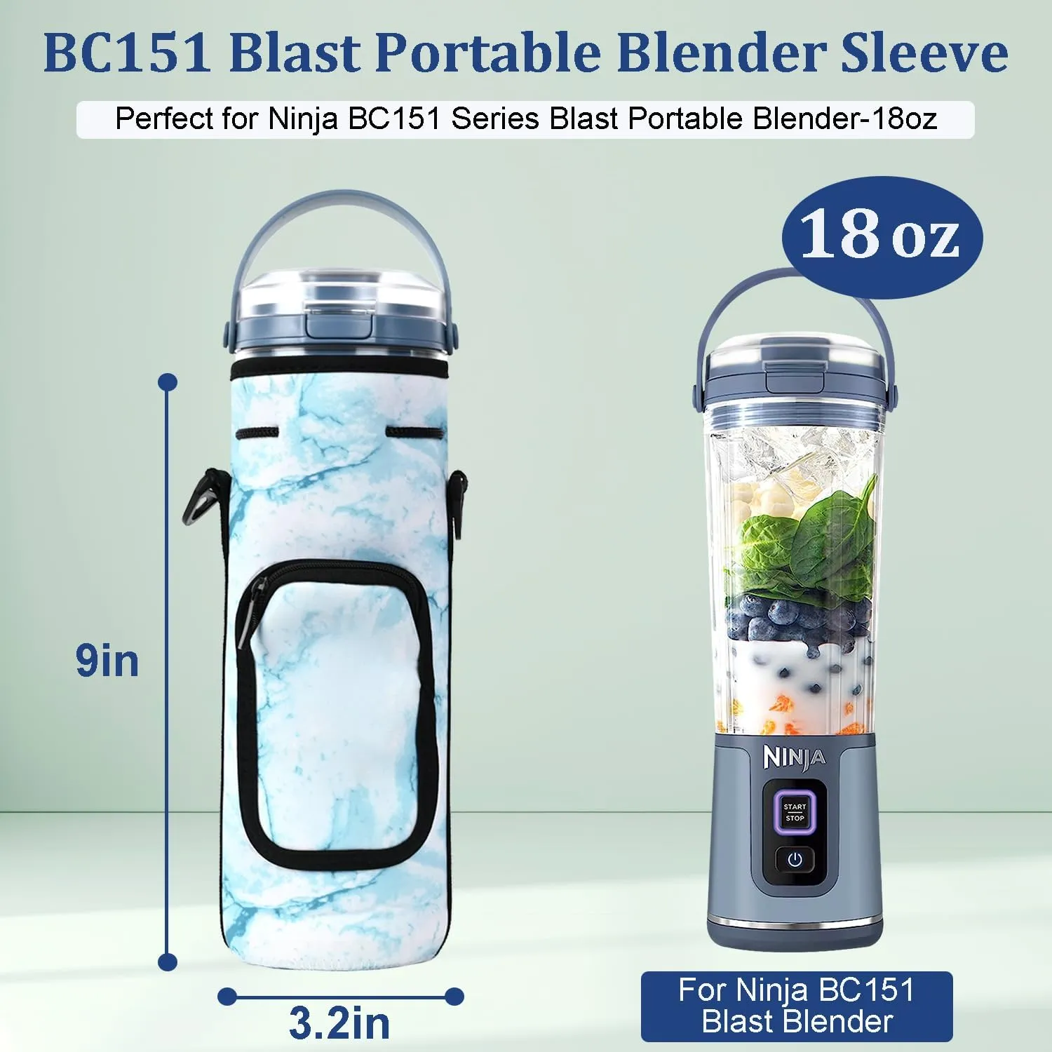 Storage Sleeve Bag for Ninja Blast Portable Blender with Shoulder Strap and Accessory Pocket Compatible with Ninja BC151NV/BC51NV/BC151BK/BC151CR/BC151EM/BC151PR/BC151WH Blast Portable Blender (Blue)