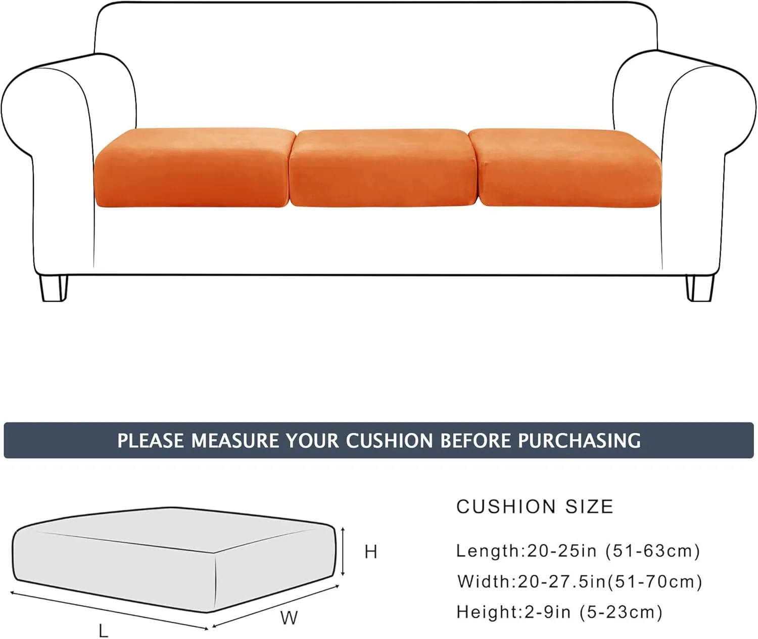 Stretch Cushion Cover, Soft Velvet Plush Cushion Slipcover Seat Sofa Covers Furniture Protector with Elastic Bottom (Orange, 3)
