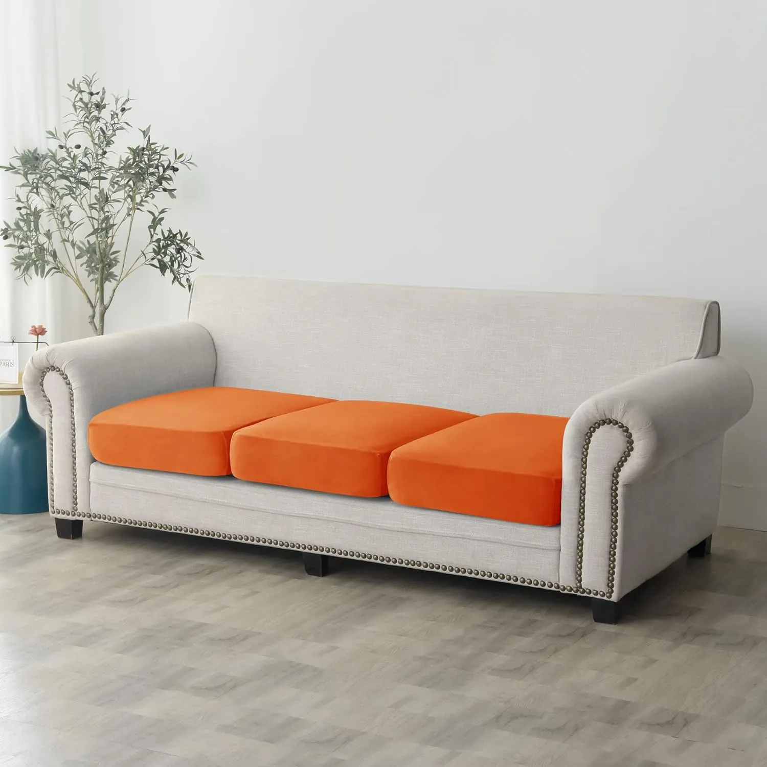 Stretch Cushion Cover, Soft Velvet Plush Cushion Slipcover Seat Sofa Covers Furniture Protector with Elastic Bottom (Orange, 3)