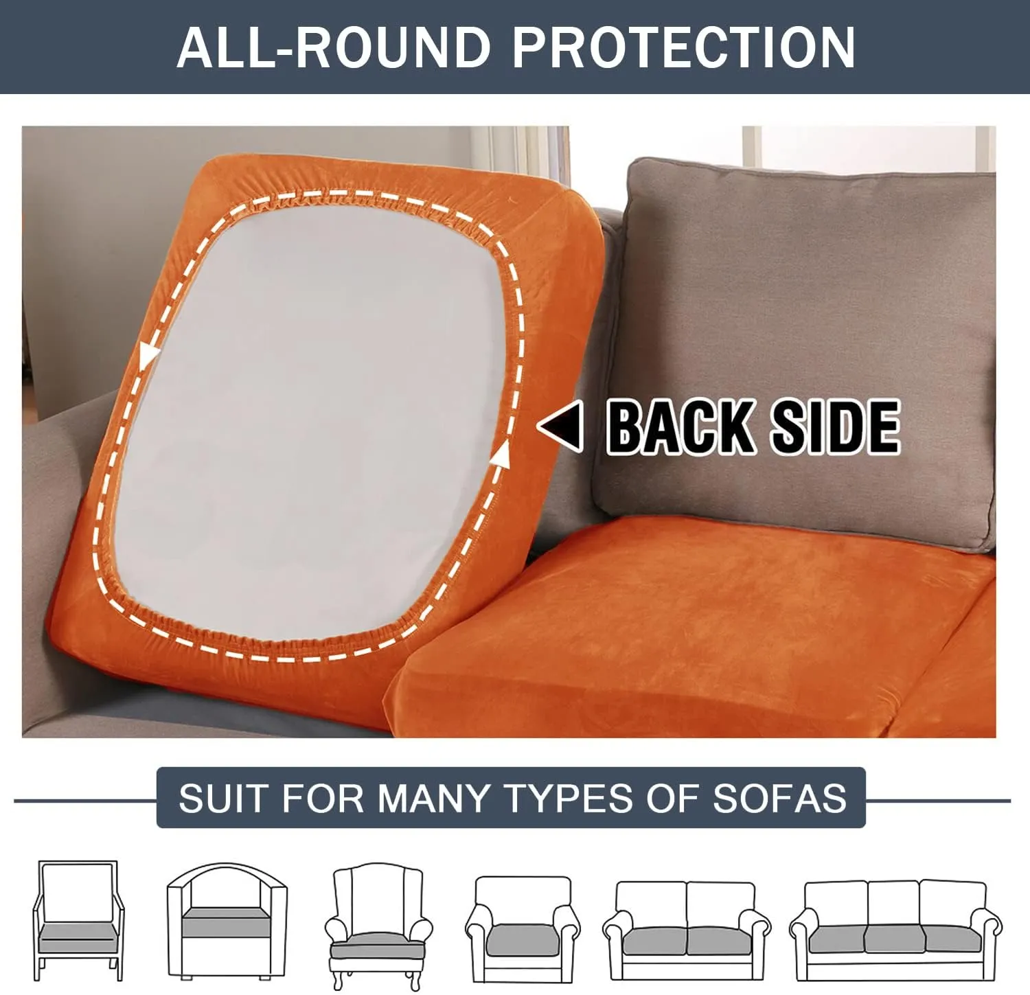 Stretch Cushion Cover, Soft Velvet Plush Cushion Slipcover Seat Sofa Covers Furniture Protector with Elastic Bottom (Orange, 3)