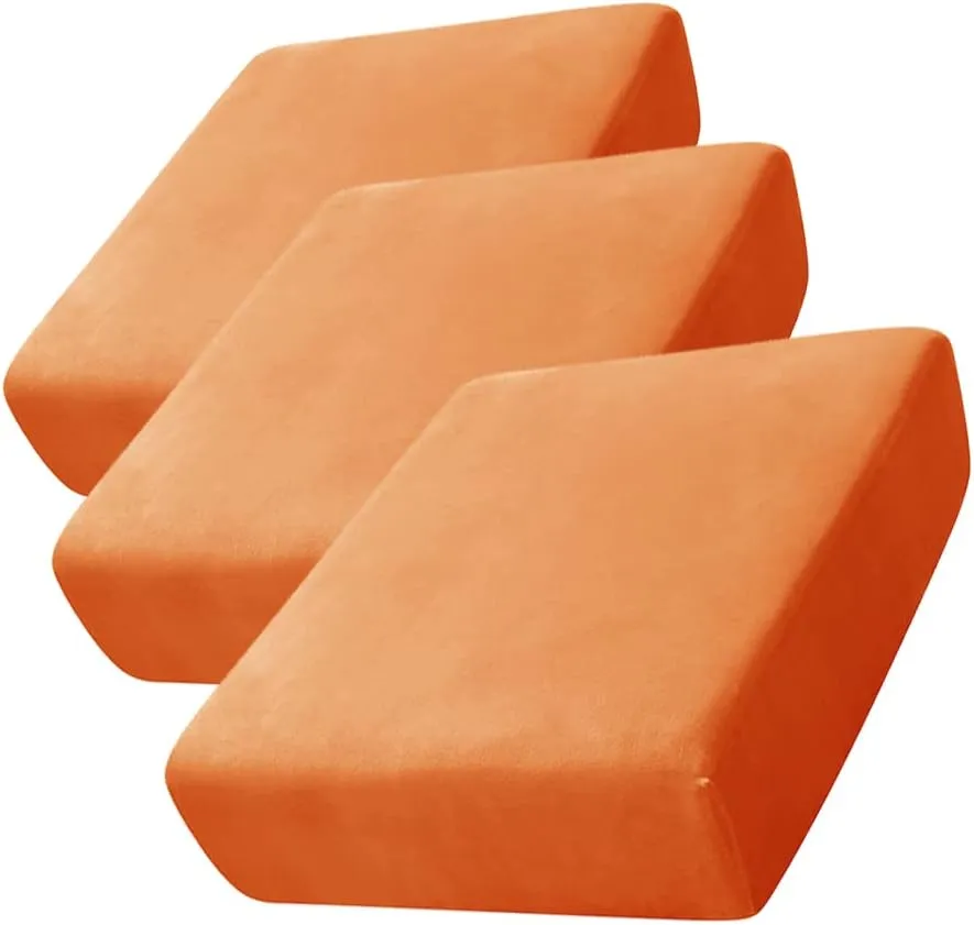 Stretch Cushion Cover, Soft Velvet Plush Cushion Slipcover Seat Sofa Covers Furniture Protector with Elastic Bottom (Orange, 3)