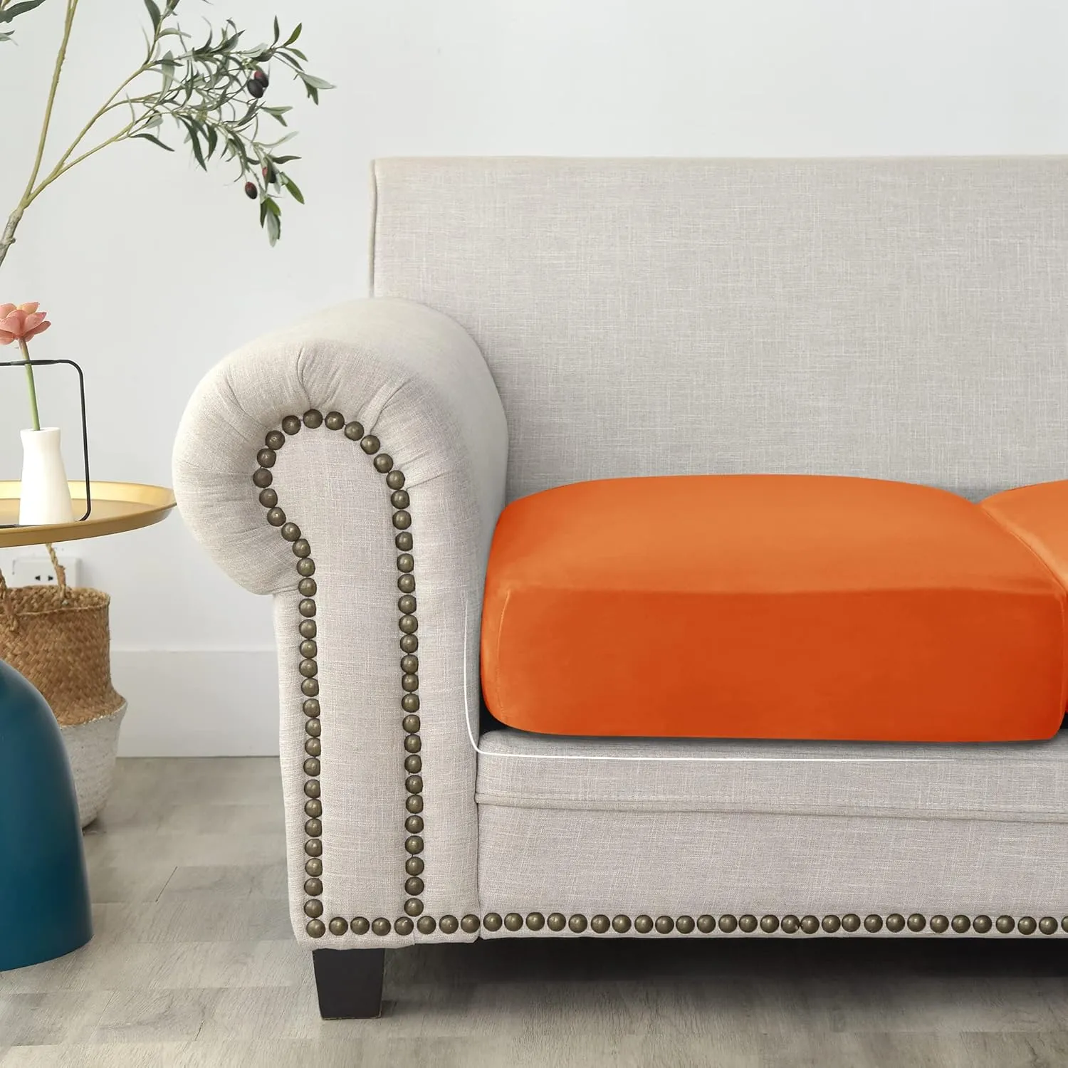Stretch Cushion Cover, Soft Velvet Plush Cushion Slipcover Seat Sofa Covers Furniture Protector with Elastic Bottom (Orange, 3)