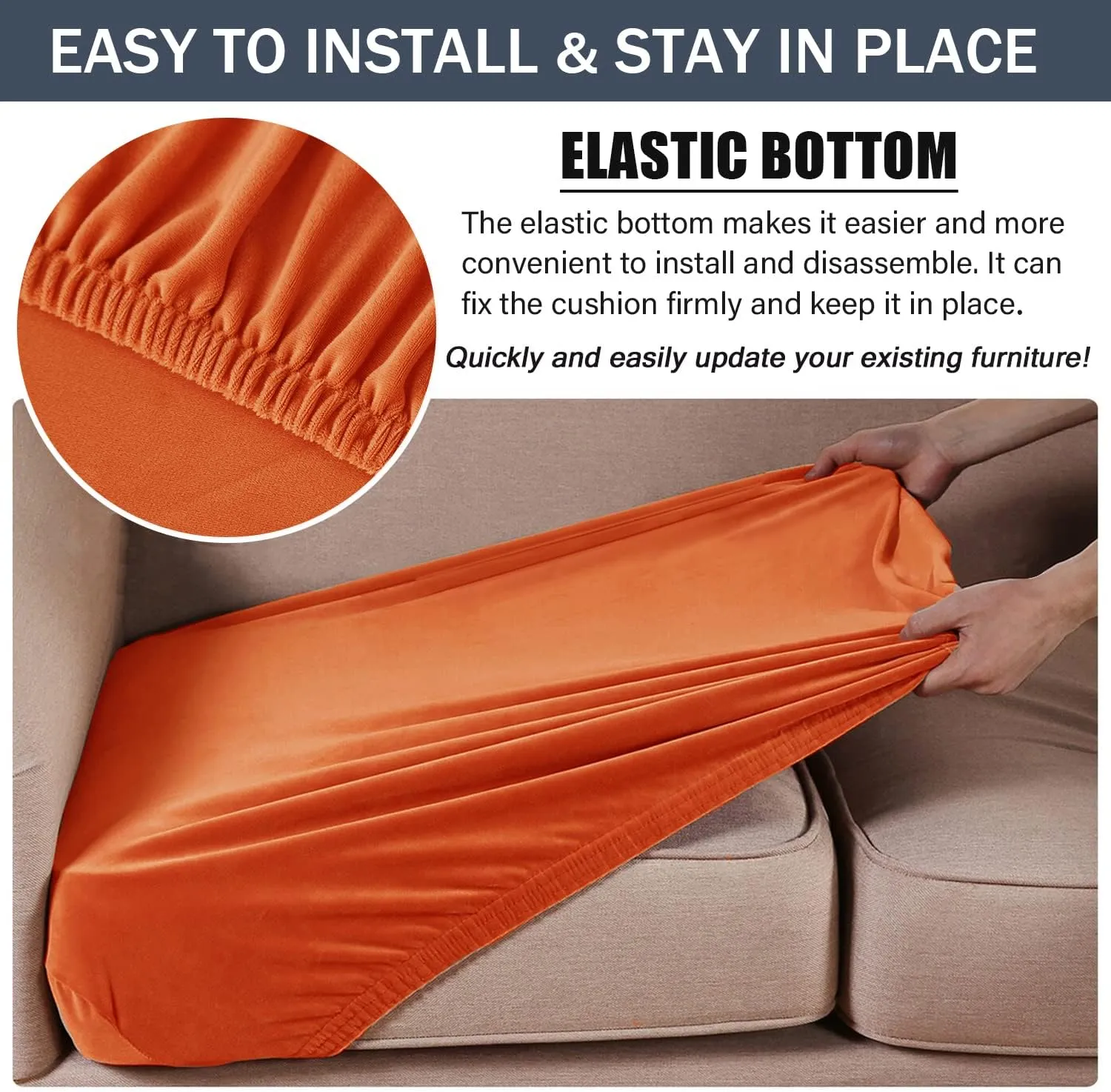 Stretch Cushion Cover, Soft Velvet Plush Cushion Slipcover Seat Sofa Covers Furniture Protector with Elastic Bottom (Orange, 3)