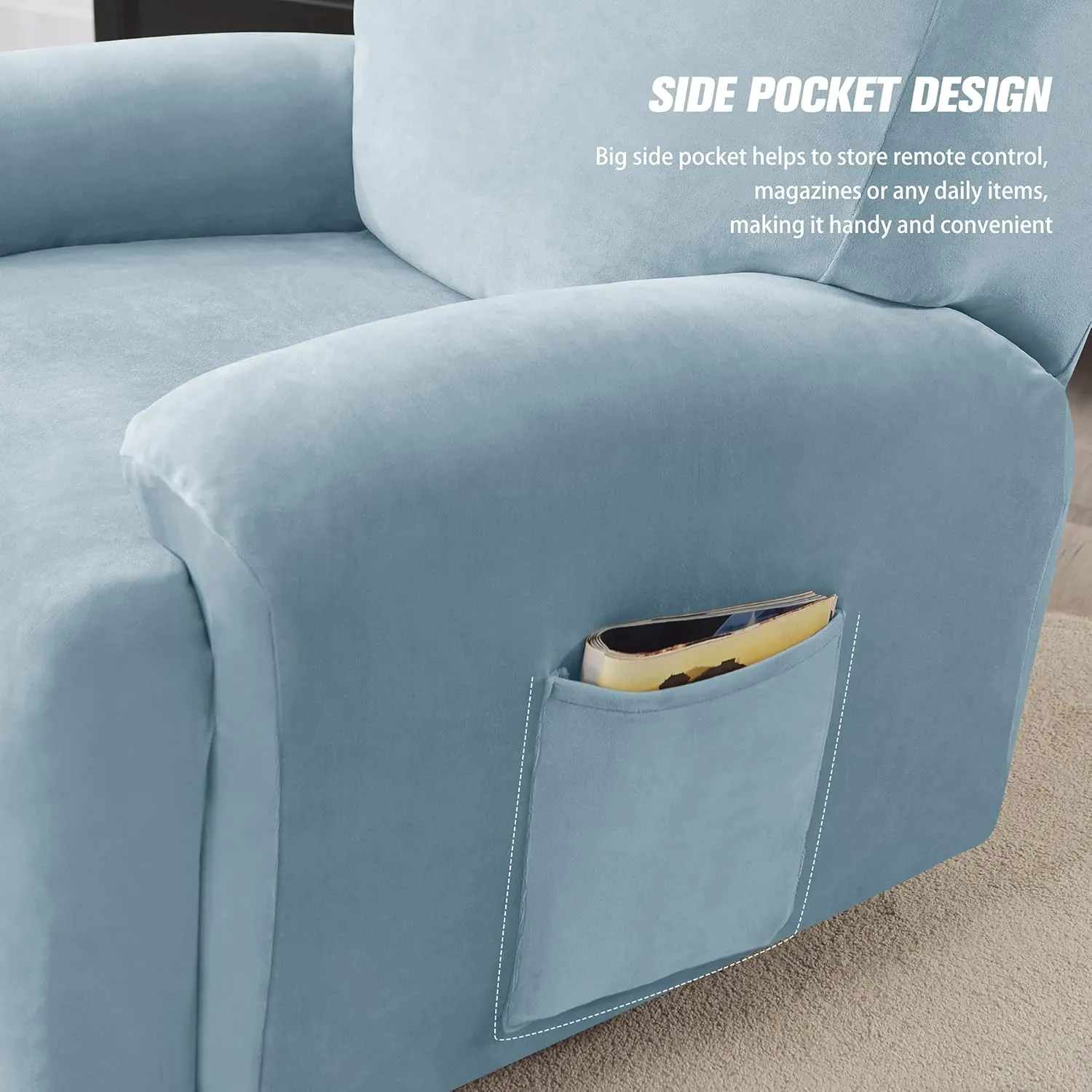 Stretch Recliner Covers, 4-Piece Ultra Soft Velvet Recliner Chair Slipcover Single Seat Couch Cover Furniture Protector with Pocket (Light Blue)