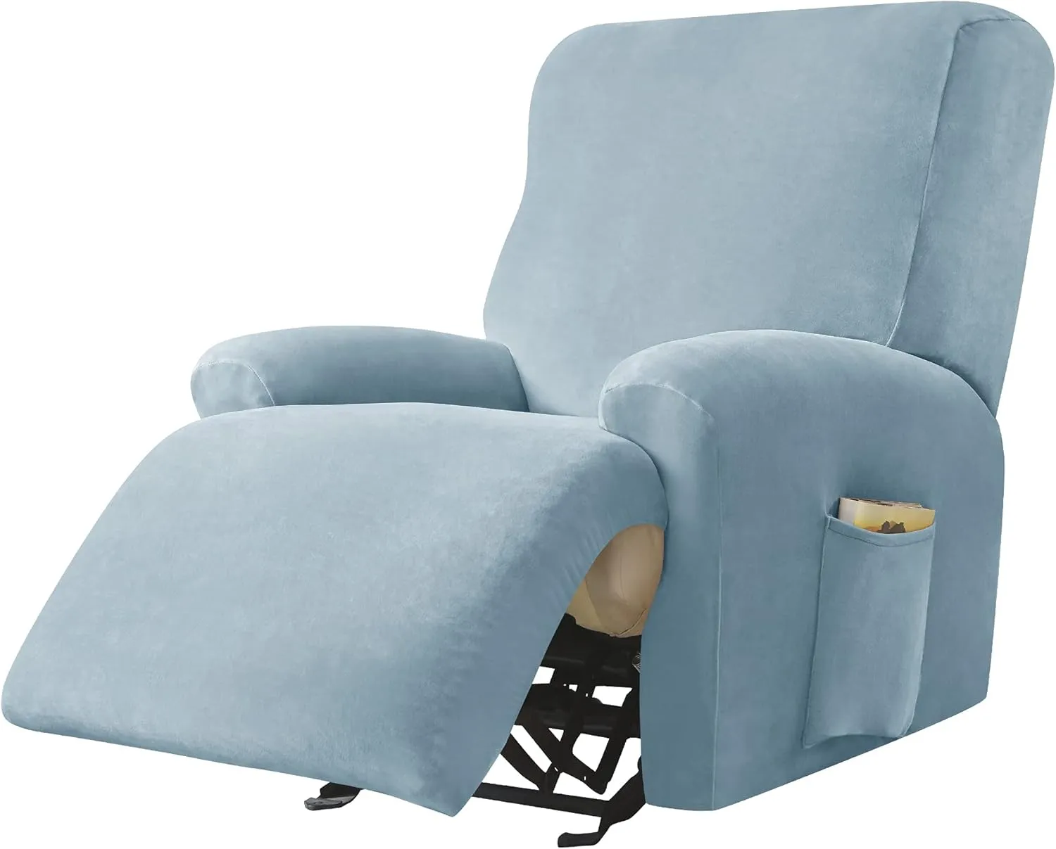Stretch Recliner Covers, 4-Piece Ultra Soft Velvet Recliner Chair Slipcover Single Seat Couch Cover Furniture Protector with Pocket (Light Blue)
