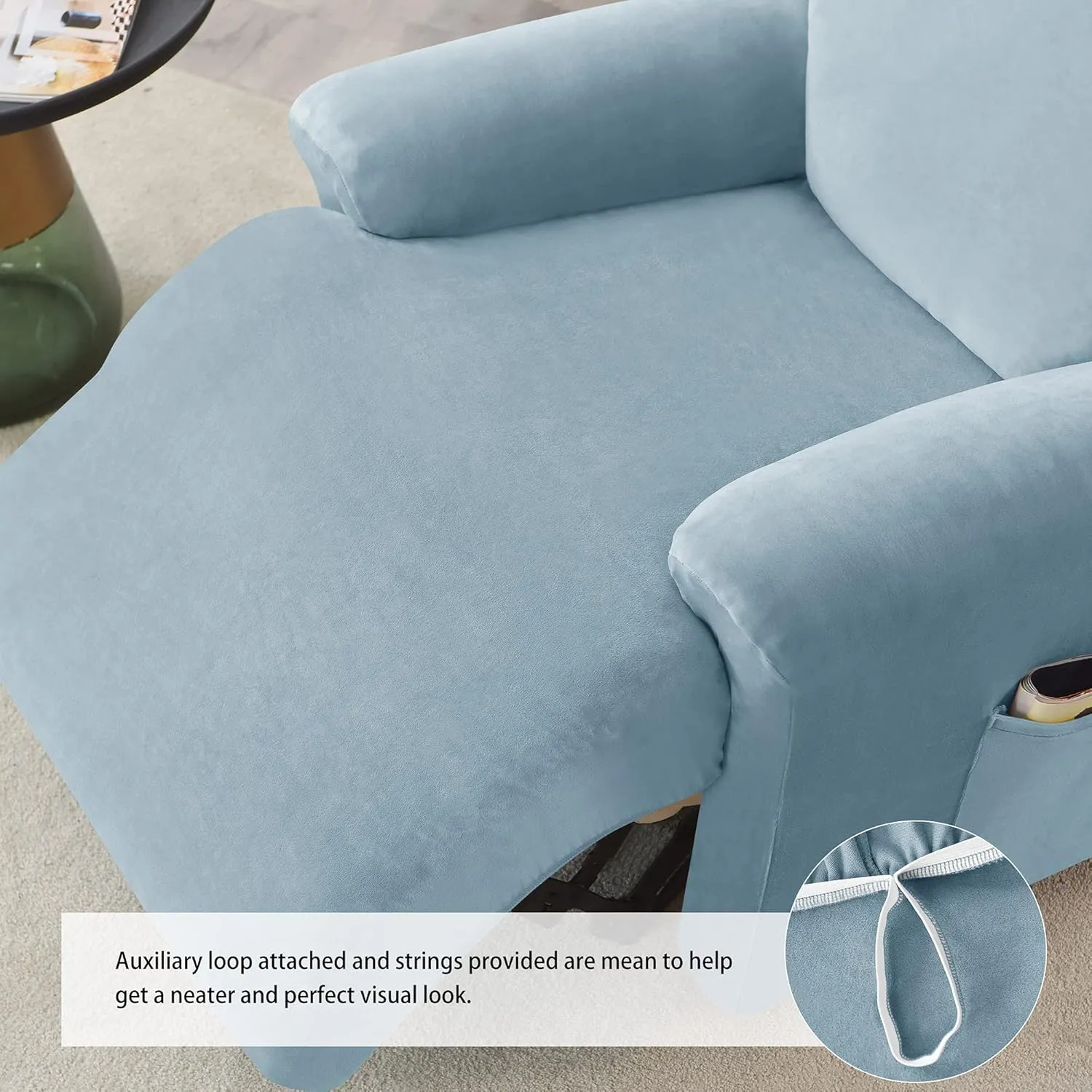 Stretch Recliner Covers, 4-Piece Ultra Soft Velvet Recliner Chair Slipcover Single Seat Couch Cover Furniture Protector with Pocket (Light Blue)