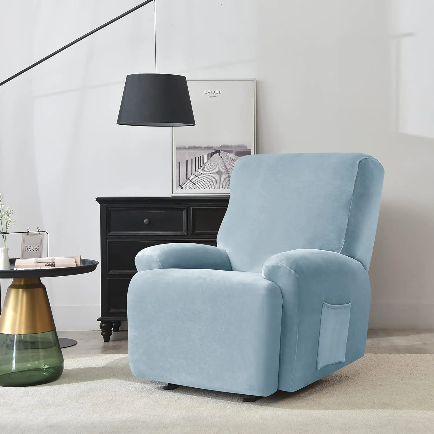Stretch Recliner Covers, 4-Piece Ultra Soft Velvet Recliner Chair Slipcover Single Seat Couch Cover Furniture Protector with Pocket (Light Blue)