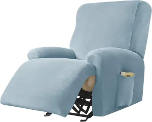 Stretch Recliner Covers, 4-Piece Ultra Soft Velvet Recliner Chair Slipcover Single Seat Couch Cover Furniture Protector with Pocket (Light Blue)