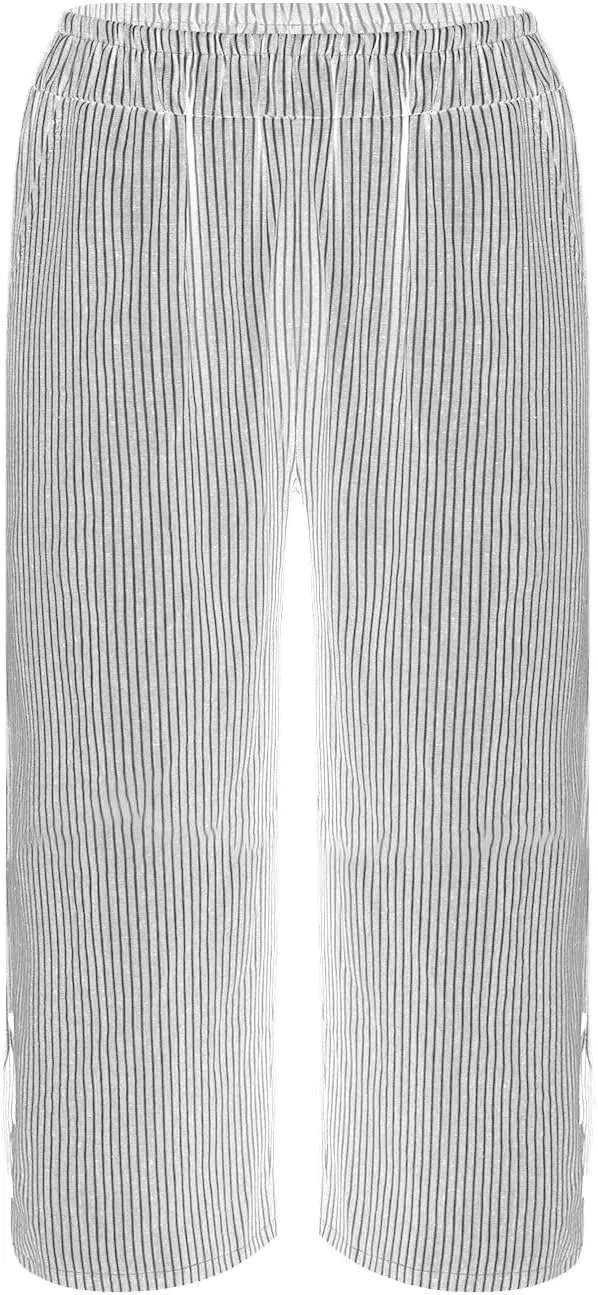 Stripe Cotton Linen Pants Casual 2025 Summer Drawstring Elastic High Waist Straight Plus Size Capri Pants