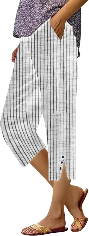 Stripe Cotton Linen Pants Casual 2025 Summer Drawstring Elastic High Waist Straight Plus Size Capri Pants