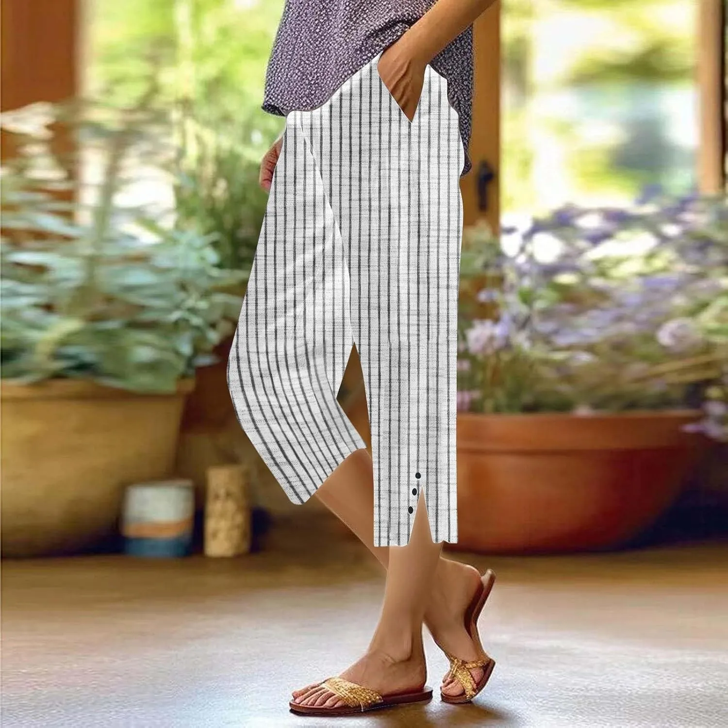 Stripe Cotton Linen Pants Casual 2025 Summer Drawstring Elastic High Waist Straight Plus Size Capri Pants