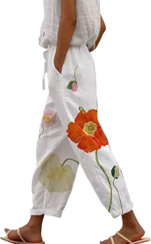 Striped Linen Capris Women Casual Drawstring Pants Casual Lounge Travel Trousers with Pockets Women Linen Pants