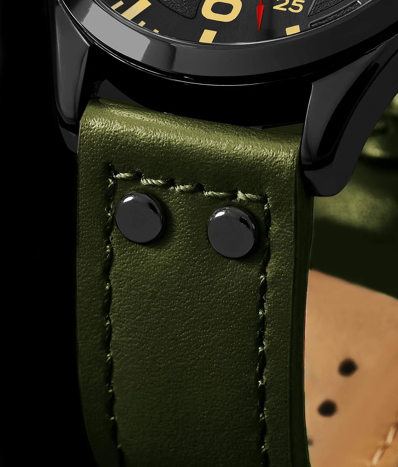 Stuhrling Original Mens Leather Watch -Aviation Watch, Quick-Set Day-Date Leather Band with Steel Rivets,