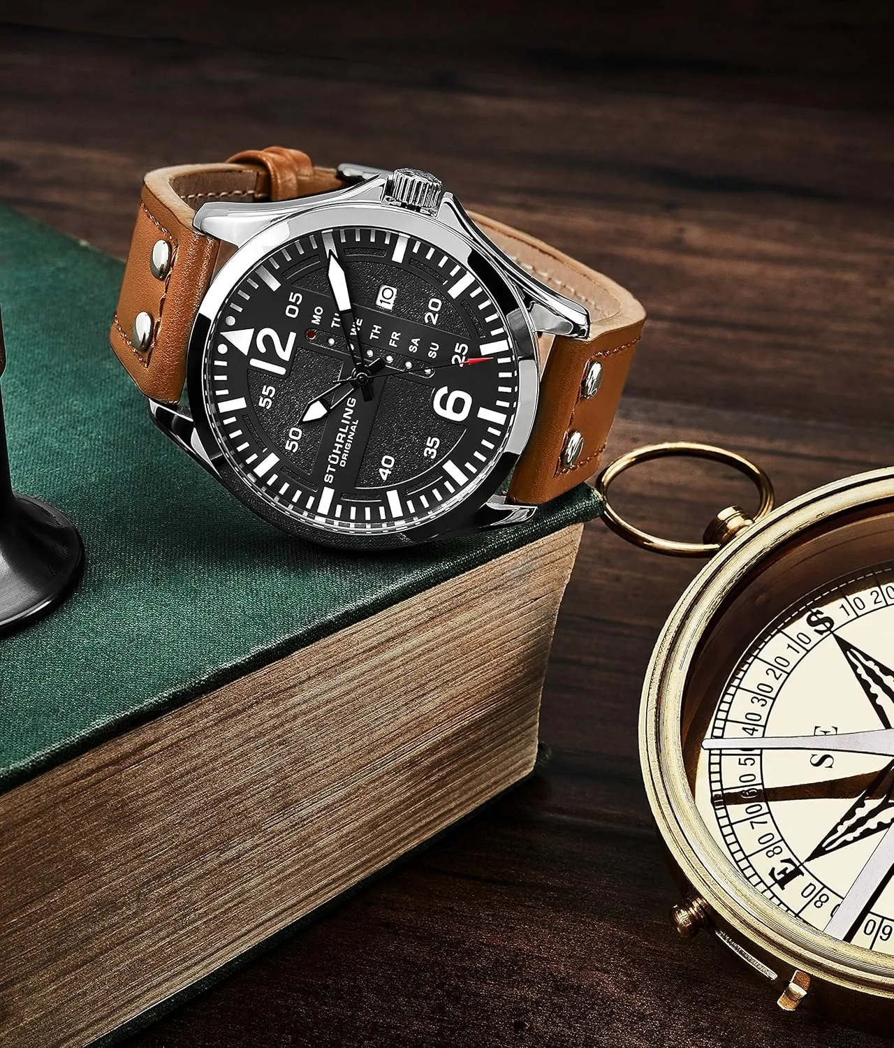 Stuhrling Original Mens Leather Watch -Aviation Watch, Quick-Set Day-Date Leather Band with Steel Rivets,