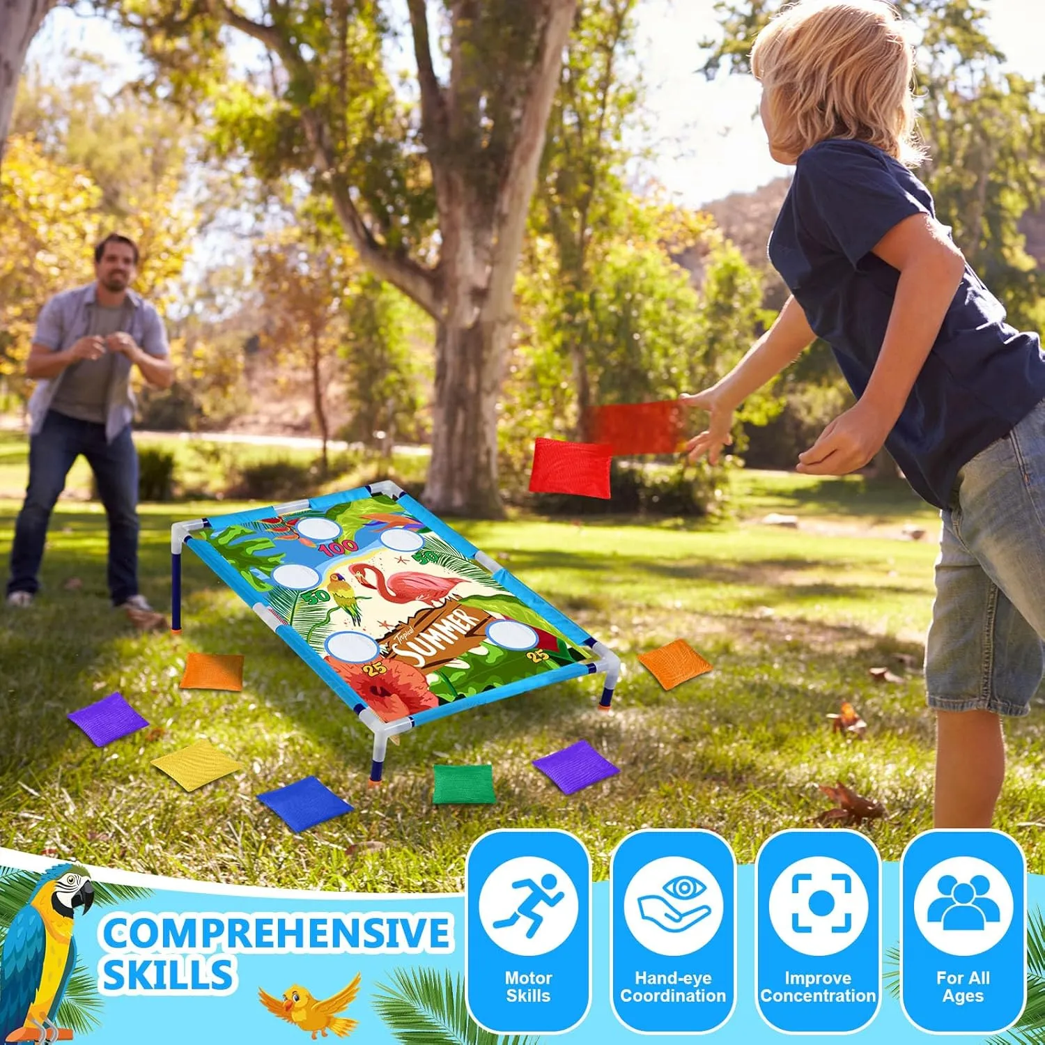 Summer Bean Bag Toss Games with 6 Bean Bags Portable PVC Framed Corn Hole Game Set for Beach Safari Theme Outdoor Game Party