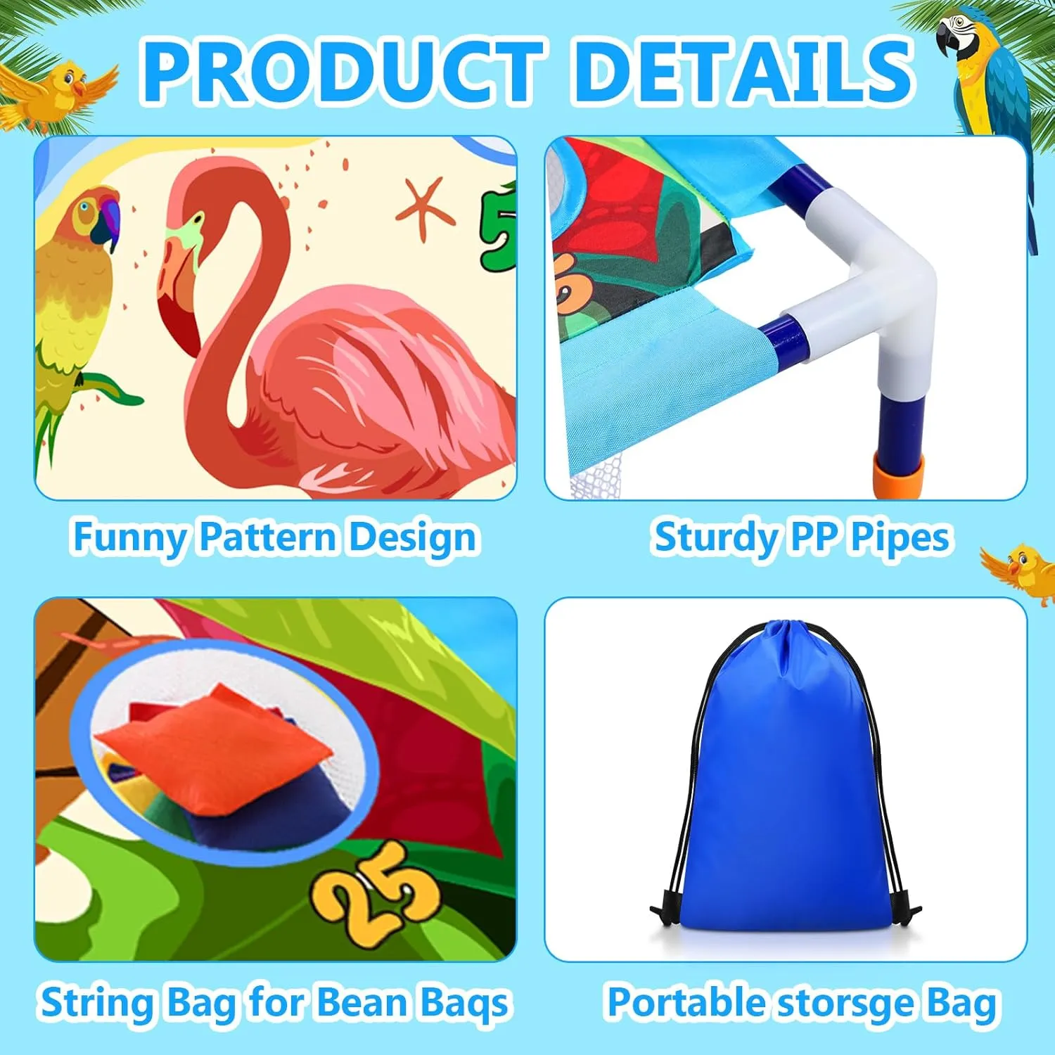Summer Bean Bag Toss Games with 6 Bean Bags Portable PVC Framed Corn Hole Game Set for Beach Safari Theme Outdoor Game Party