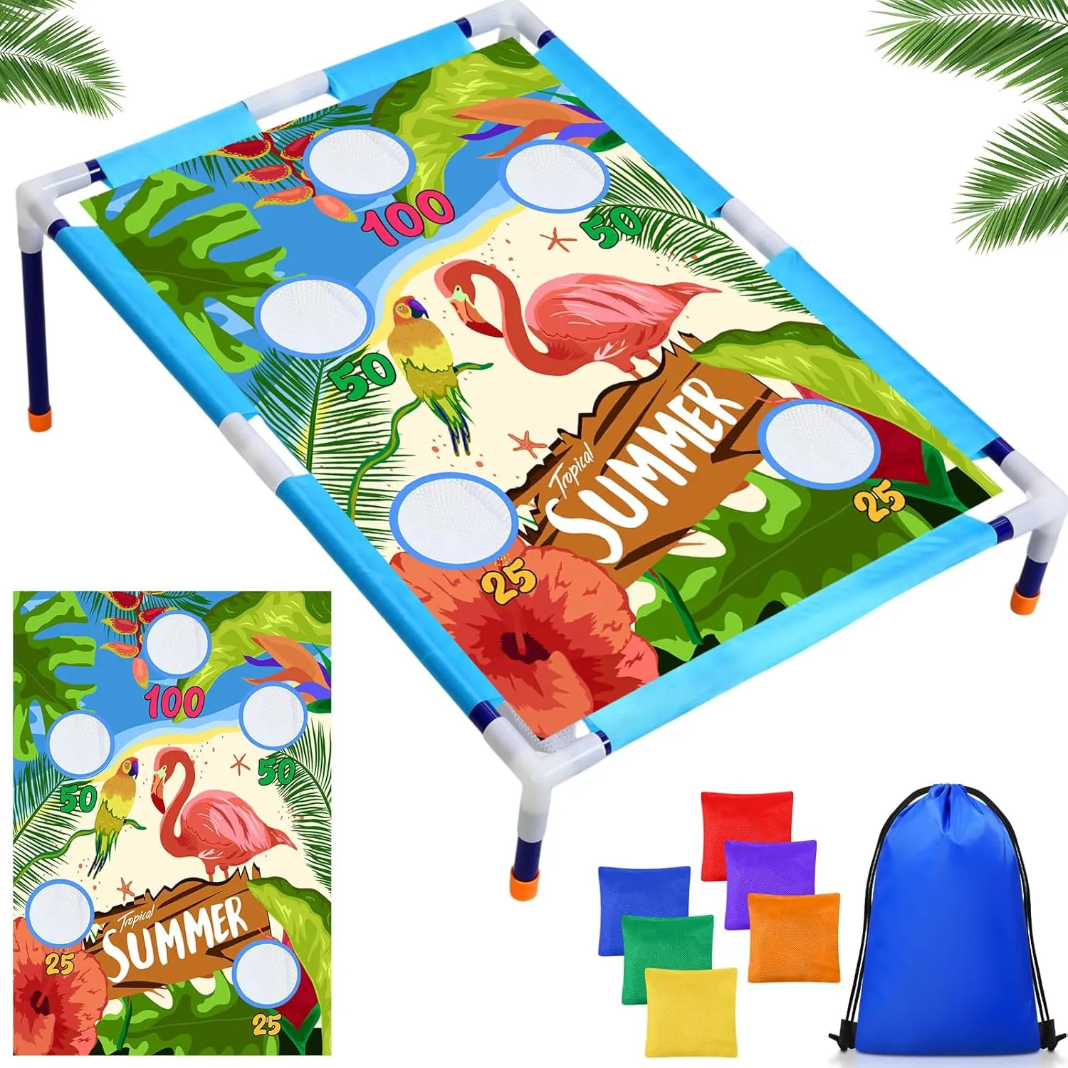 Summer Bean Bag Toss Games with 6 Bean Bags Portable PVC Framed Corn Hole Game Set for Beach Safari Theme Outdoor Game Party