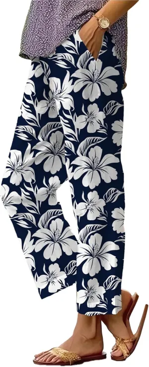 Summer Casual Wide Leg Linen Pants for Women Comfy Baggy Palazzo Pants Boho Floral Print Beach Trousers