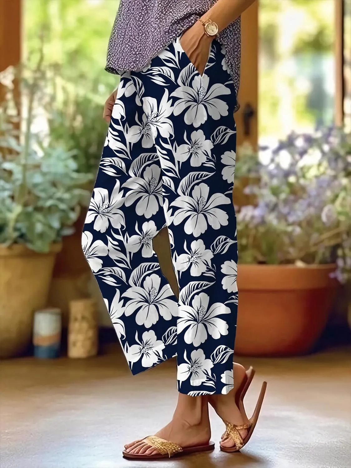 Summer Casual Wide Leg Linen Pants for Women Comfy Baggy Palazzo Pants Boho Floral Print Beach Trousers