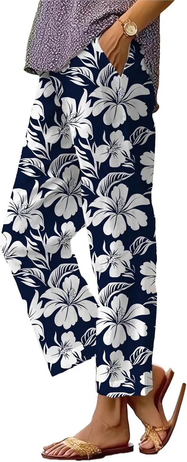 Summer Casual Wide Leg Linen Pants for Women Comfy Baggy Palazzo Pants Boho Floral Print Beach Trousers