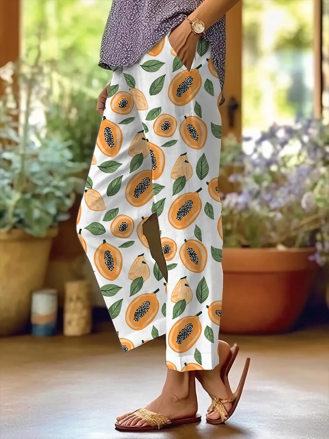 Summer Casual Wide Leg Linen Pants for Women Comfy Baggy Palazzo Pants Boho Floral Print Beach Trousers
