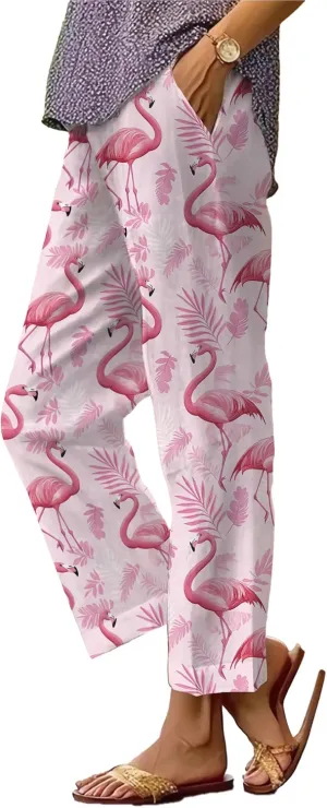 Summer Casual Wide Leg Linen Pants for Women Comfy Baggy Palazzo Pants Boho Floral Print Beach Trousers