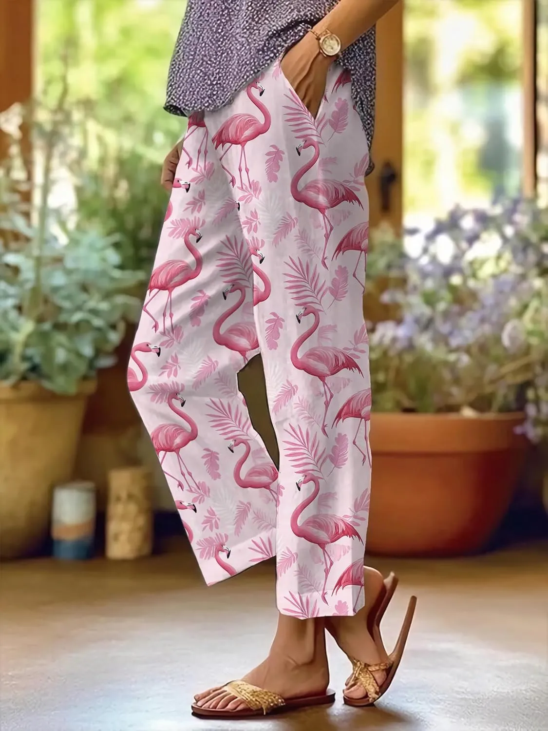 Summer Casual Wide Leg Linen Pants for Women Comfy Baggy Palazzo Pants Boho Floral Print Beach Trousers
