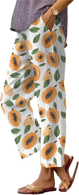 Summer Casual Wide Leg Linen Pants for Women Comfy Baggy Palazzo Pants Boho Floral Print Beach Trousers